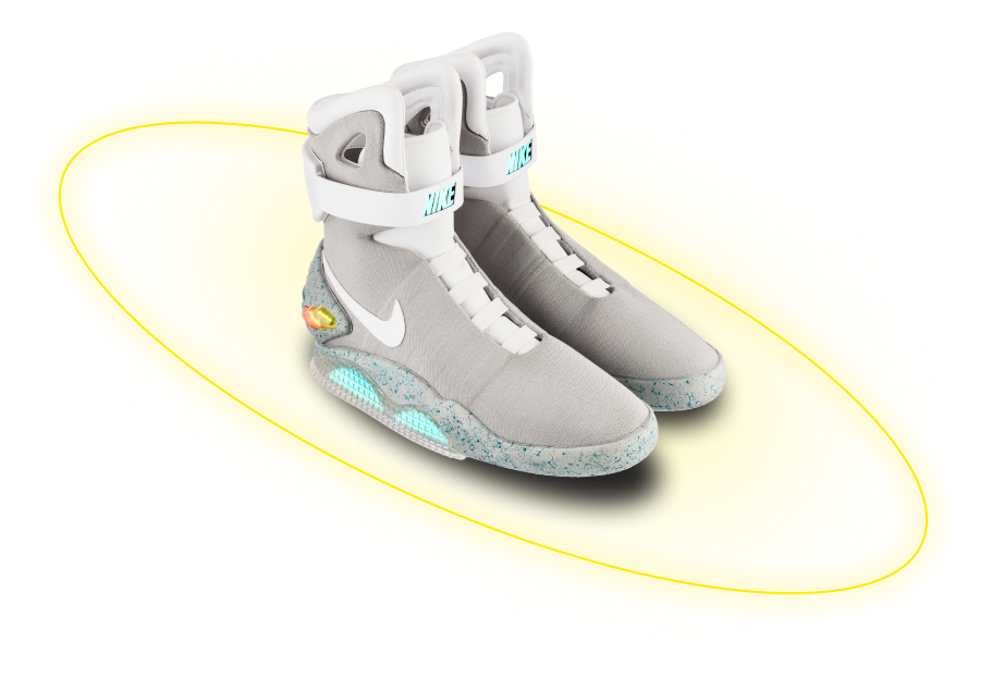 белый кросовок nike air mag, с голубыми вставками на платформе и желтым кольцом вокруг
