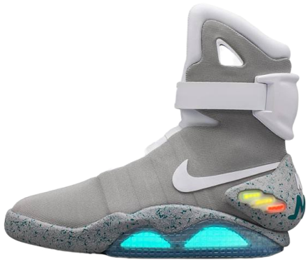 белый кросовок nike air mag, с голубыми вставками. Вид сбоку