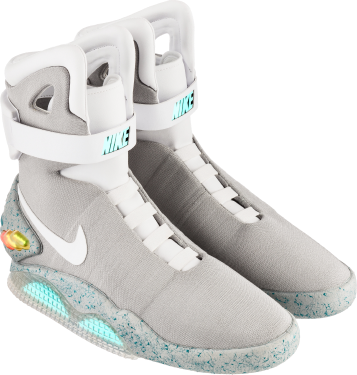 белый кросовок nike air mag, с голубыми вставками. Вид спереди